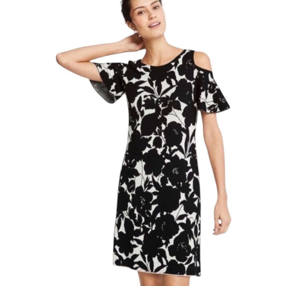 Ann Taylor Womens Dressy Floral Knit Cold Shoulder Shift Dress Size Medium